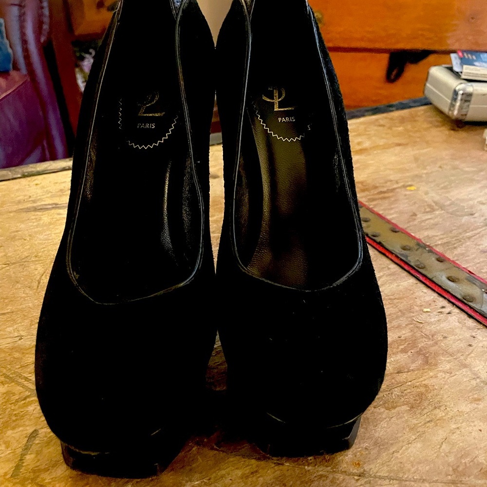 YSL suede platform pumps with purple alligator skin heals